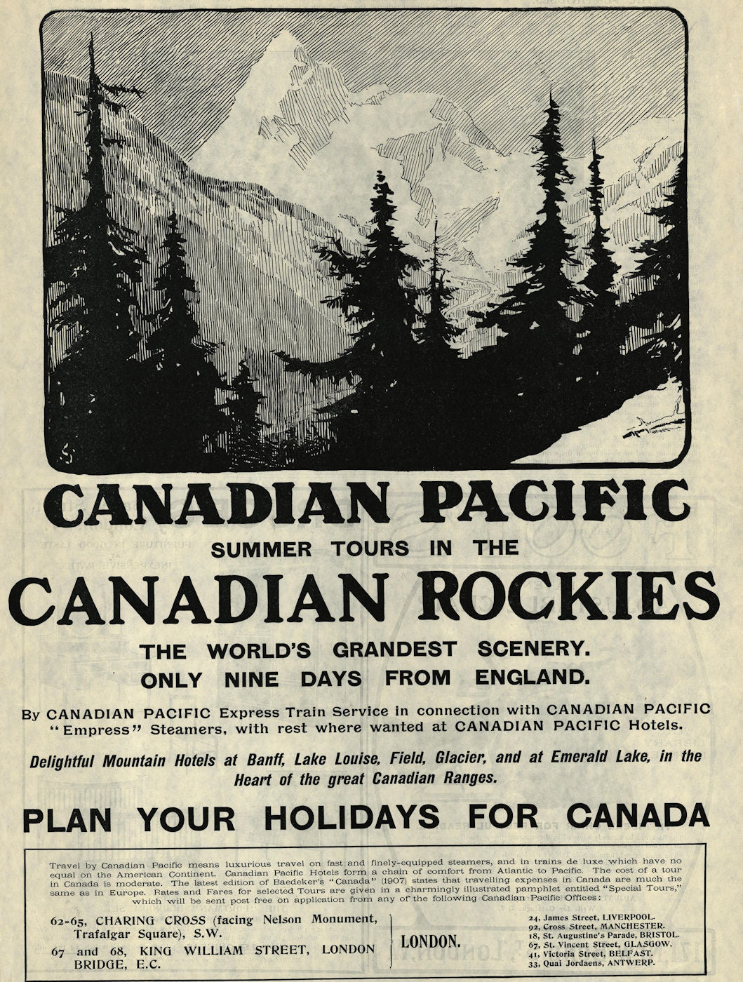 CANADIAN Pacific ADVERT. Rockies summer tours. Only 9 days from England 1909